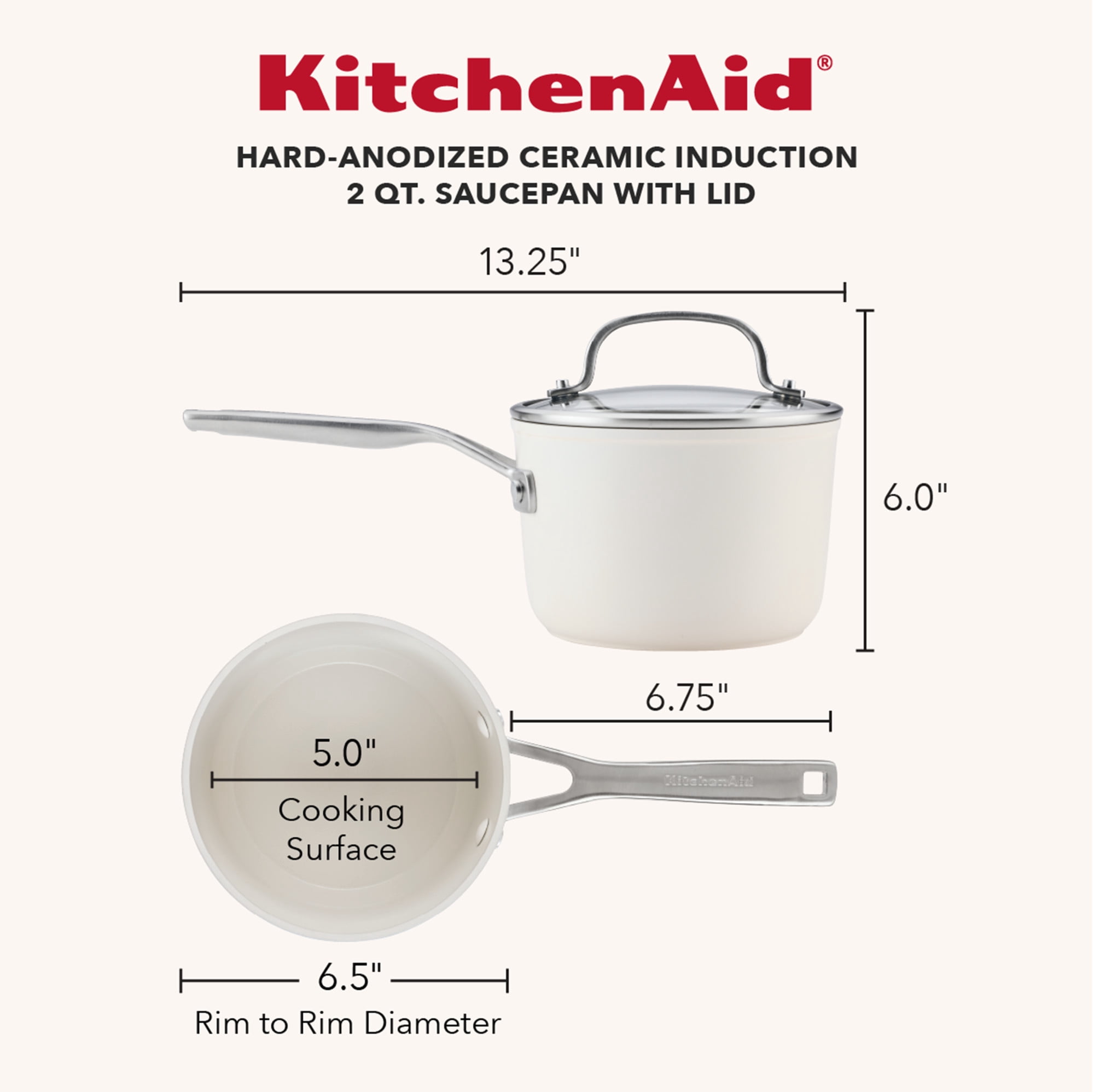 KitchenAid Hard-Anodized 2 Quart Ceramic Induction Saucepan with Lid, Dishwasher Safe and Oven Safe to 500°F, Porcelain White