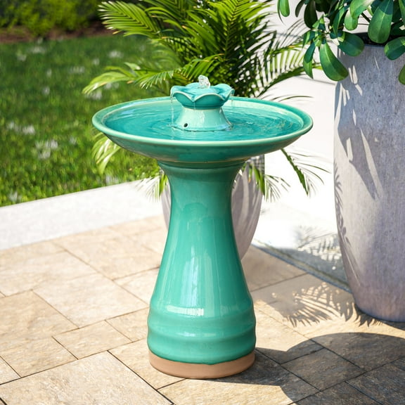 LuxenHome 22" Aqua Glazed Ceramic Birdbath Fountain for Outside