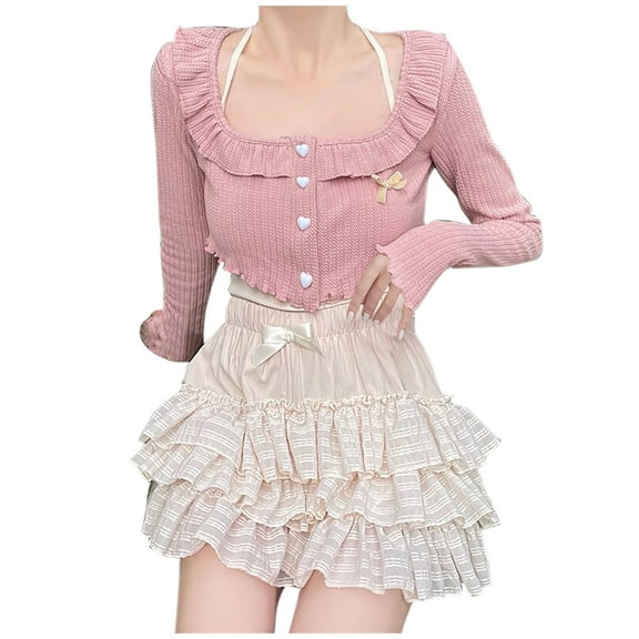 Womens Elegant Flowy Mini Skirts Lace Bow Multi Storey Cake Bottom Layer Skirt Lolita Pleated Ruffle Flowy Skirts