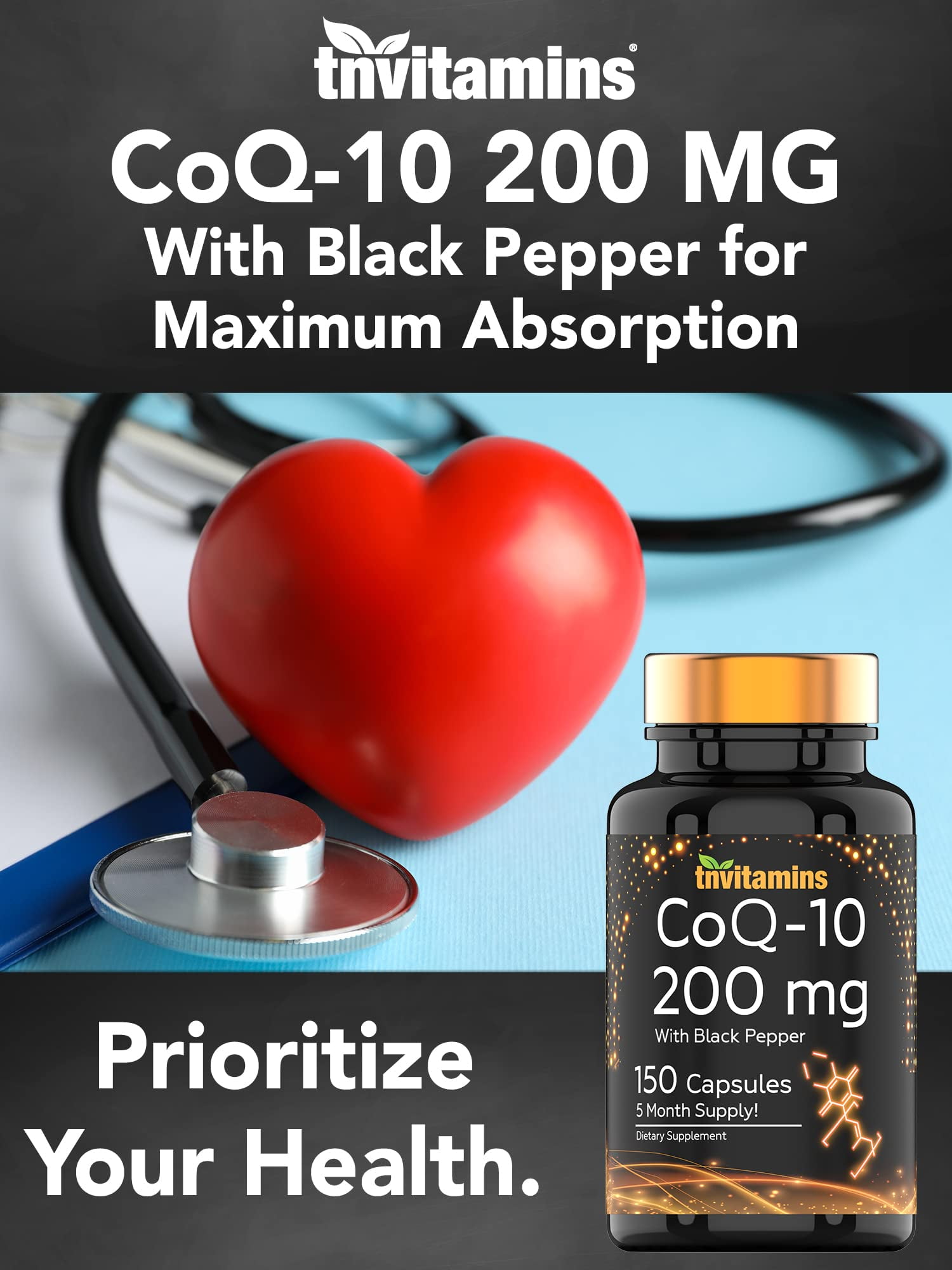 TNVitamins Ultra Potent CoQ-10 (Coenzyme Q-10) 200mg - 150 Capsules with Black Pepper Extract | Potent Antioxidant