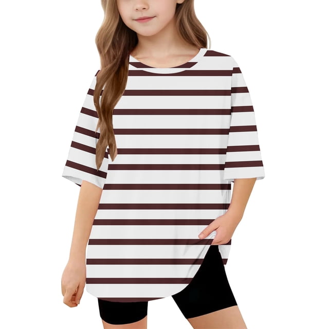 DecSea T-Shirt à Manches Courtes pour Filles, Été, Col Rond Rayé, Décontracté, Basique, 5-14 Ans