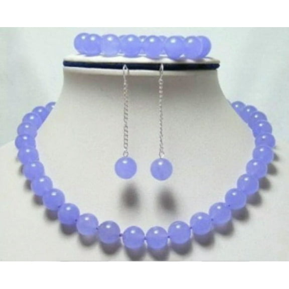 K-KED Fashion 10mm Natural Lavender Jade Round Gems Necklace Bracelet Earrings Set