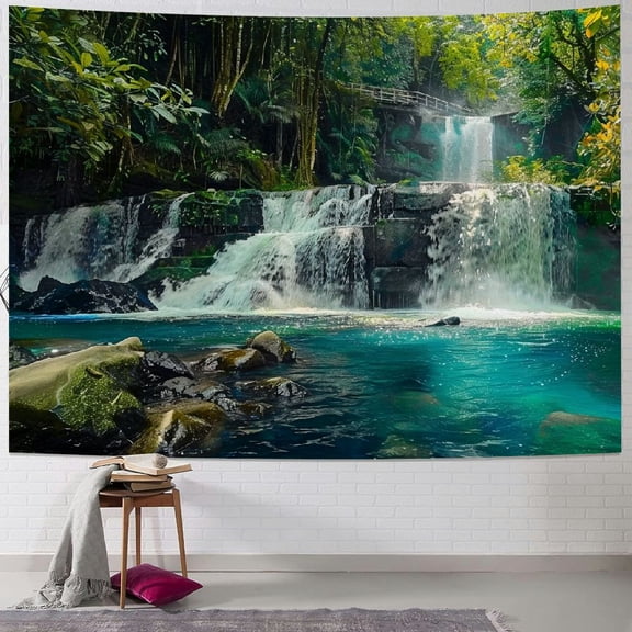 Creowell  Waterfall Tapestry Forest Lake Natural Tropical Rainforest Green Jungle Tree Plant Mossy Summer Rocks Scenery Home Decor Wall Hanging Art for Bedroom Dorm 40x30inch
