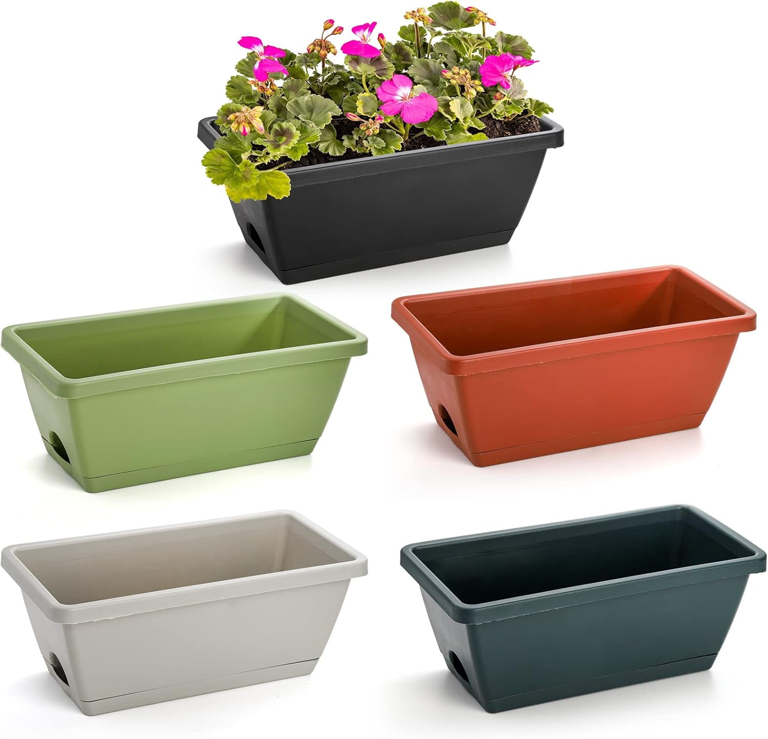 5 Pack 14 Inches Flower Window Box, Plastic Vegetable Planters Indoor Outdoor, Plastic Flower Box Planter for Windowsill, Patio, Garden, Home Décor, Porch (5 Colors)