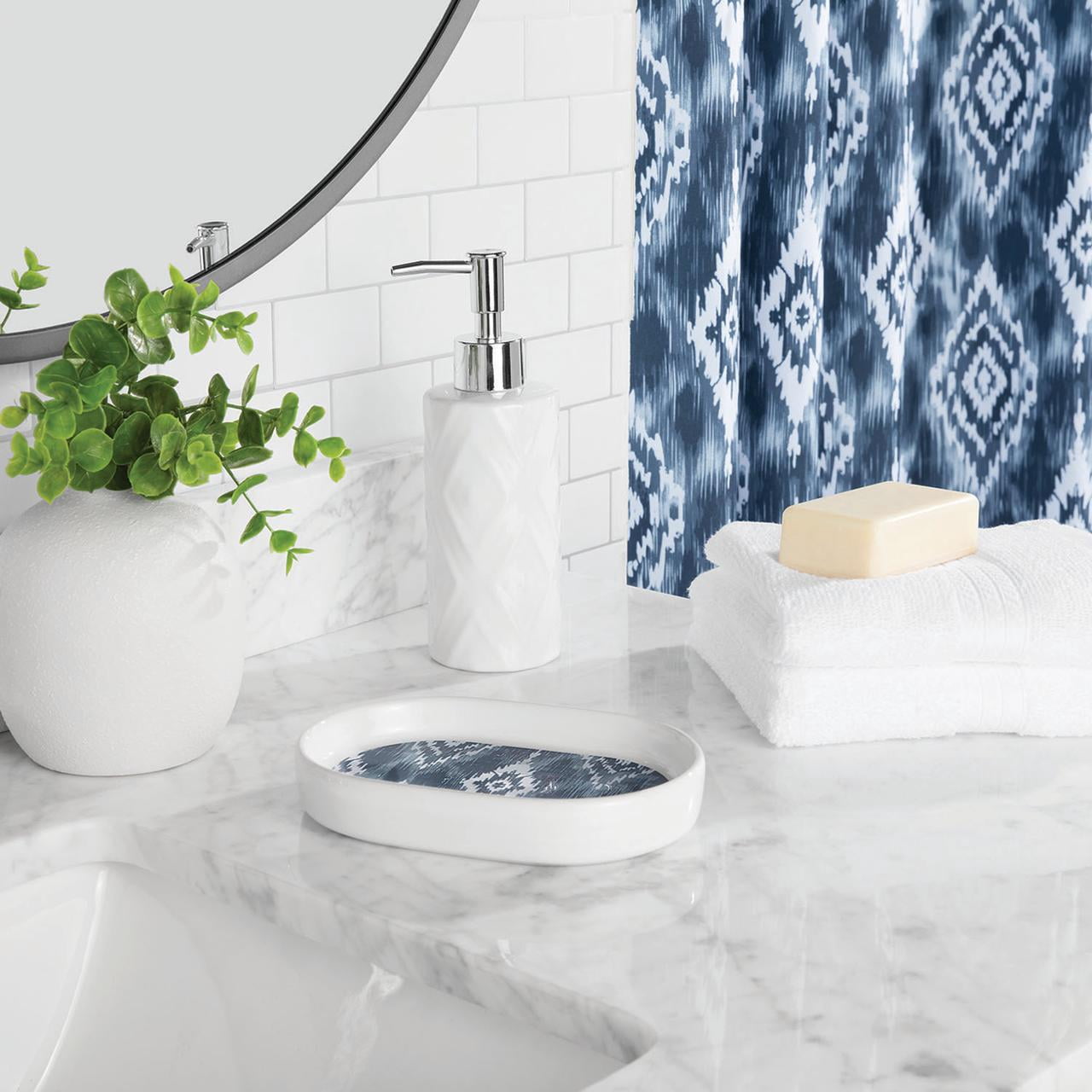 Mainstays 16-Piece Blue Ikat Shower Curtain Bathroom Set – Fabric Curtain with Rug, Hooks, Soap Dispenser & Tray