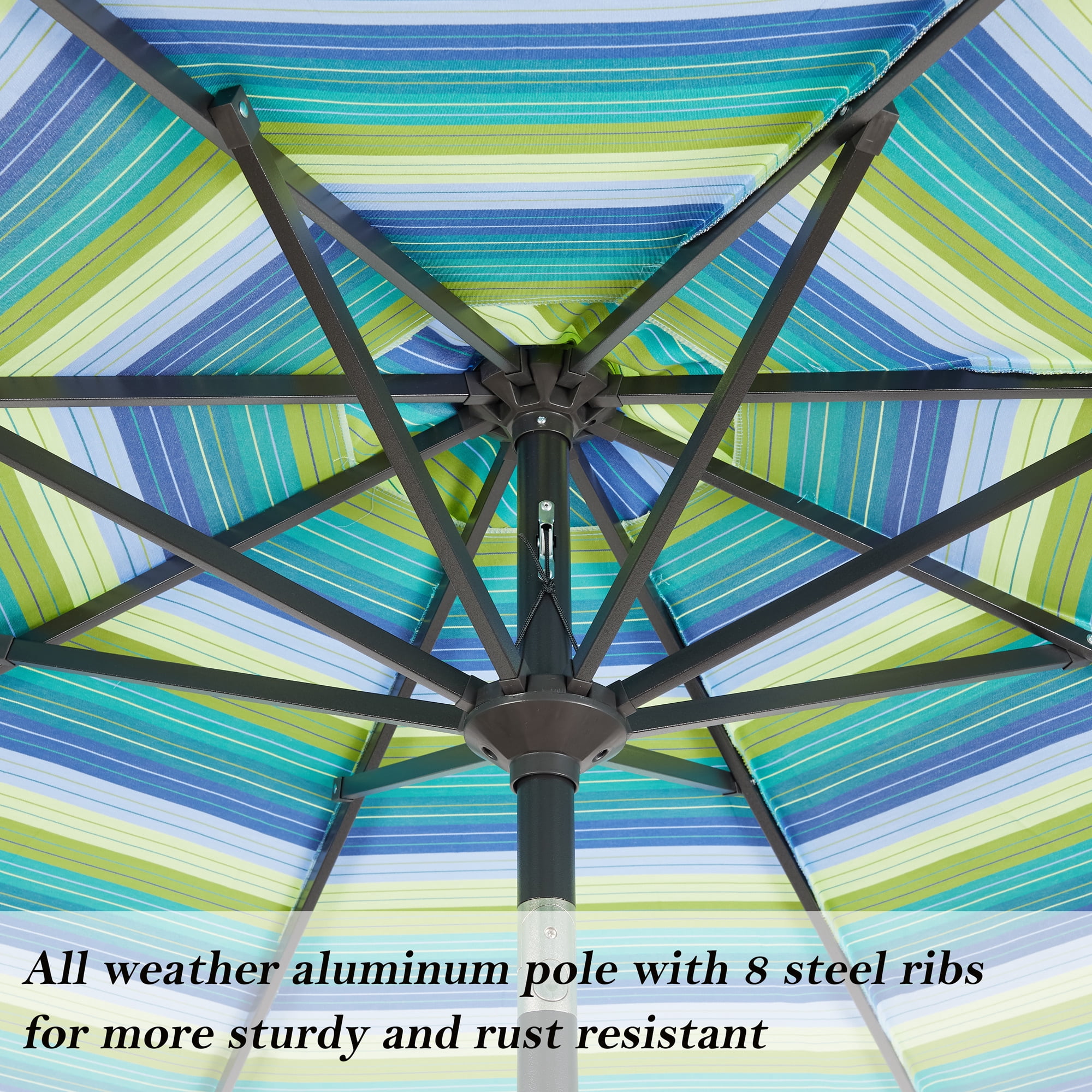 Iwicker 9Ft Patio Umbrella Sunbrella Outdoor Aluminum Market Umbrella with Crank and Push Button Tilt, Green Stripe
