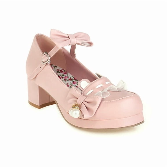 SACFOF Womens Sweet Cute Kawaii Platform Cosplay Shoes Chunky Mid Heels Mary Janes with Bow Buckles Strappy Pumps