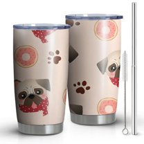 20oz Tumblers Pug and Donut Stainless Steel Vacuum Insulated Double Wall Travel Tumbler Cups Mug with Lid and Straw,Cleaning Brush for Cold & Hot Drinks