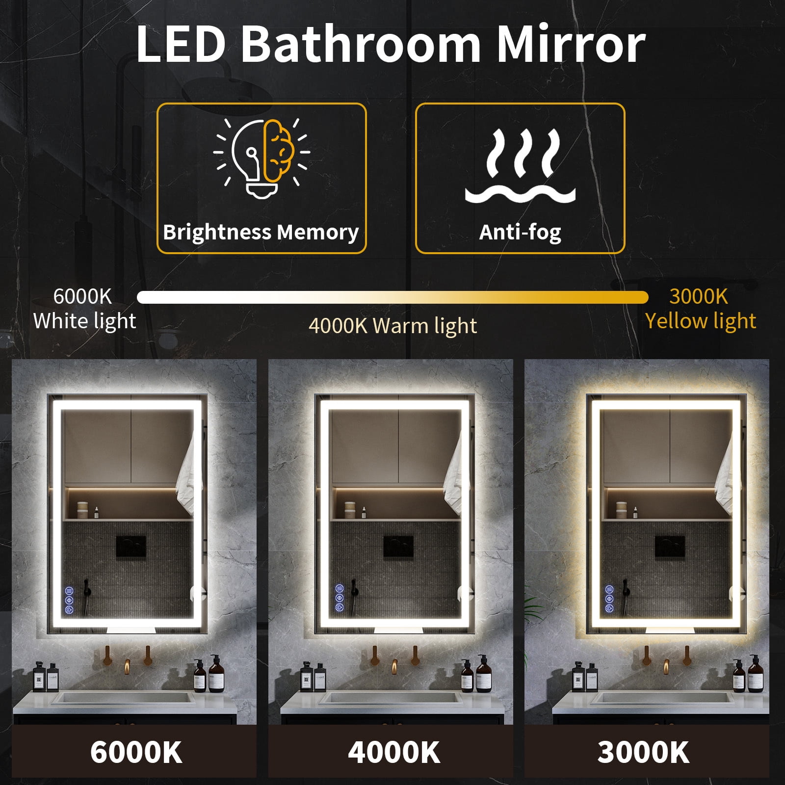 Easy4Home 48"x36" LED Bathroom Mirror Wall Mounted Anti-Fog Vanity Mirror with Adjustable Lights, White