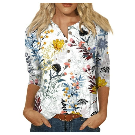 

RPVATI Womens 3/4 Sleeve Tshirts Elbow Length Button Down Shirts Western V Neck Plus Size Tops Maternity Floral Printed Outfits Tunic Basic Henley Blouses Fall Ladies Clothing Yellow L