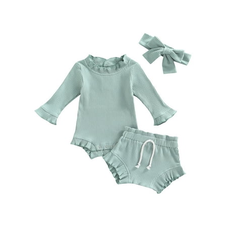 

Bagilaanoe Newborn Baby Girls 3PCS Outfits 6 12 18 24 Months Long Sleeve Ruffle Rompers Tops + Shorts + Headwrap
