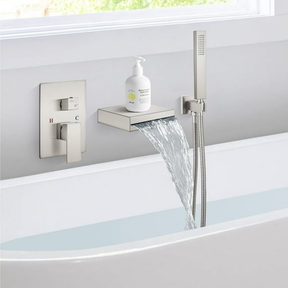 Cinwiny Brushed Nickel Wall Mount Waterfall Tub Filler Spout with Handheld Shower Single Handle Bathtub Shower Faucet Set Rough in Valve Brass