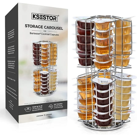 Ksestor Bartesian Pod Holder Storage Carousel - Metal Frame for 48 Cocktail Pods - 360-Degree Rotating Capsule Holder