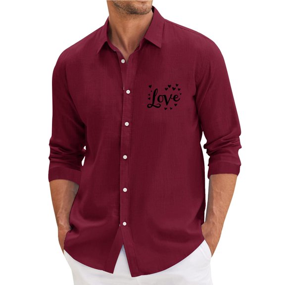 Fgvctg Valentine's Day Button Up Shirt Men Long Sleeve Cotton Button Down Shirt Fashion Date Day Love Heart Print Collared Blouses Oversized Business Casual Tops Wine L