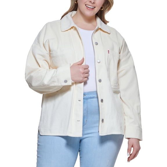 Trendy Plus Size Corduroy Cotton Shacket Cream 4X