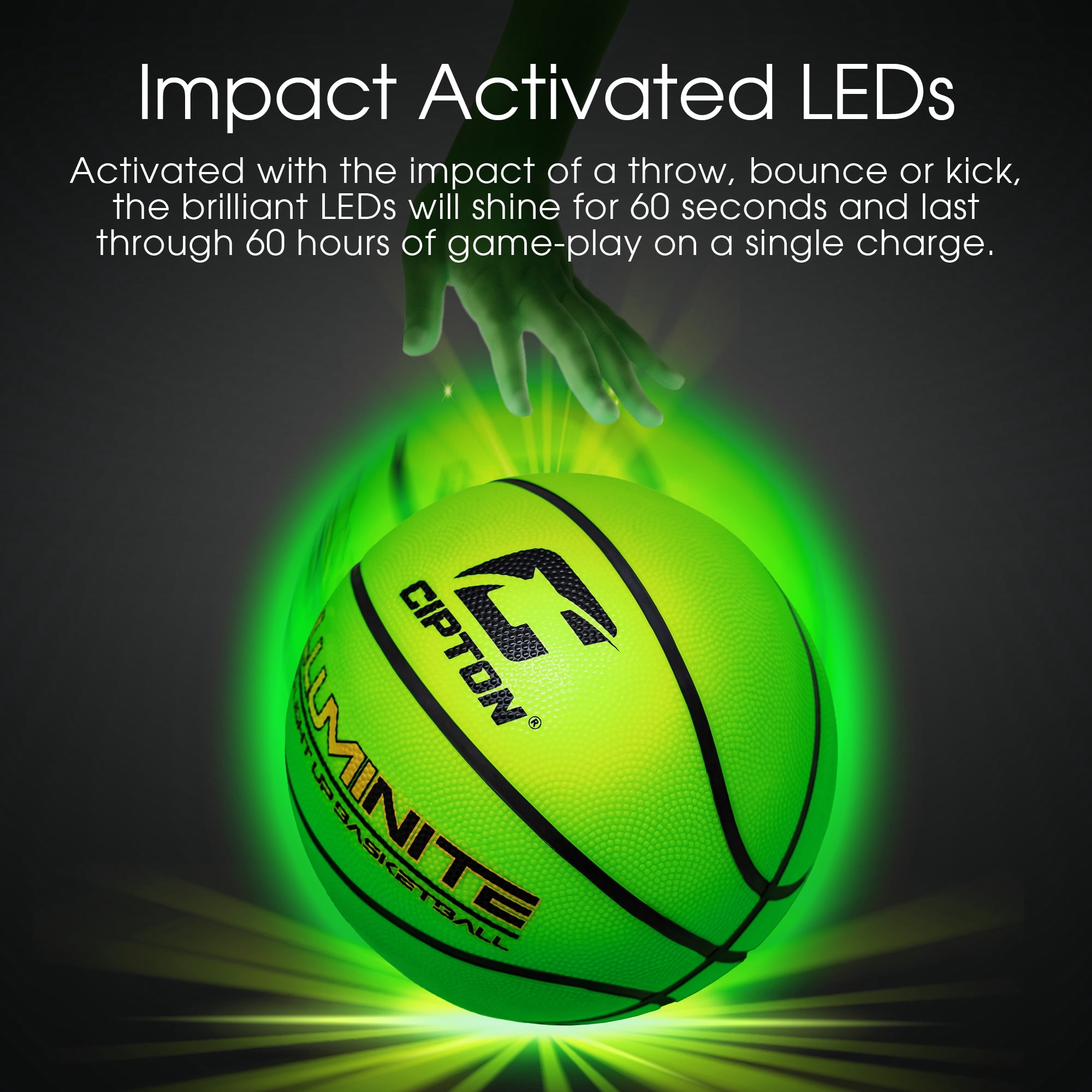 CIPTON Illuminite LED Light Up Basketball, Size 7 (29.5”) Indoor/Outdoor Premium Rubber Ball, Impact-Activated LEDs, Water Resistant, Neon Green