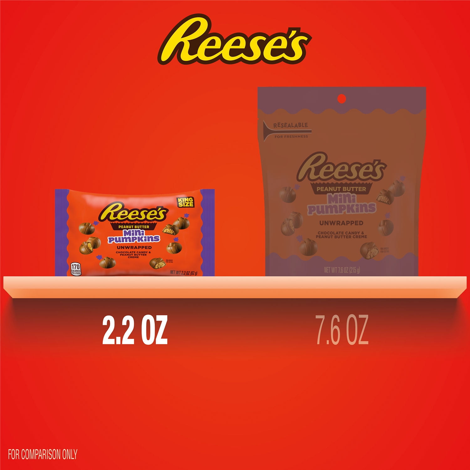 Reese's Unwrapped Chocolate Peanut Butter Creme King Size Mini Pumpkins, Candy Bag, 2.2 oz