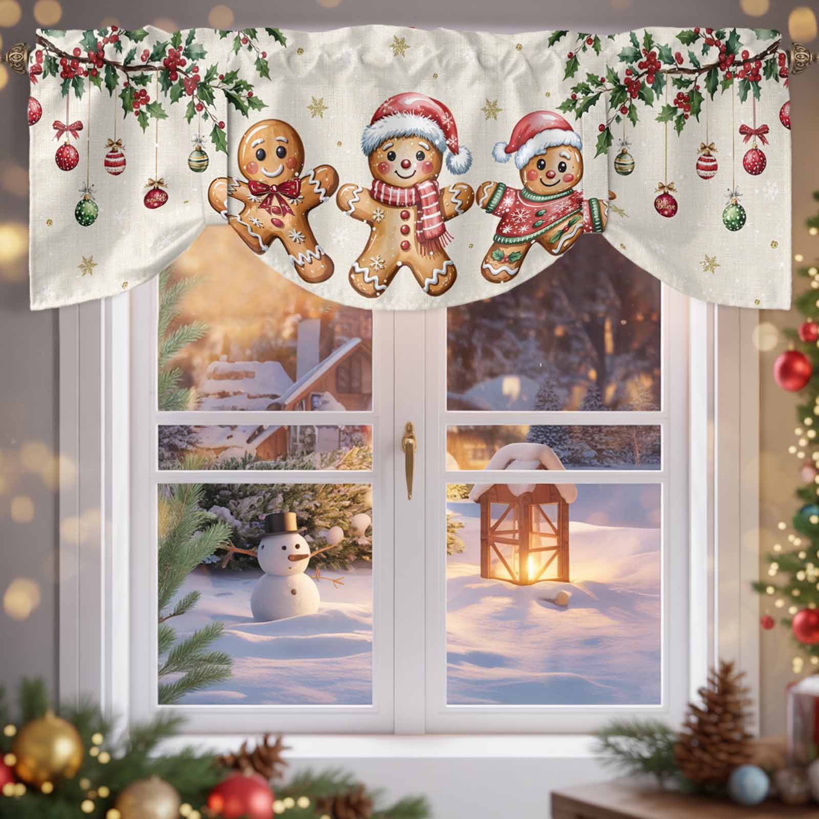Christmas Gingerbread Man Tie Up Valances Curtain, Xmas Holly Berry Linen Texture Adjustable Rod Pocket Short Window Treatment Tie Up Curtains Valances for Kitchen Living Room Bathroom 54x18 In