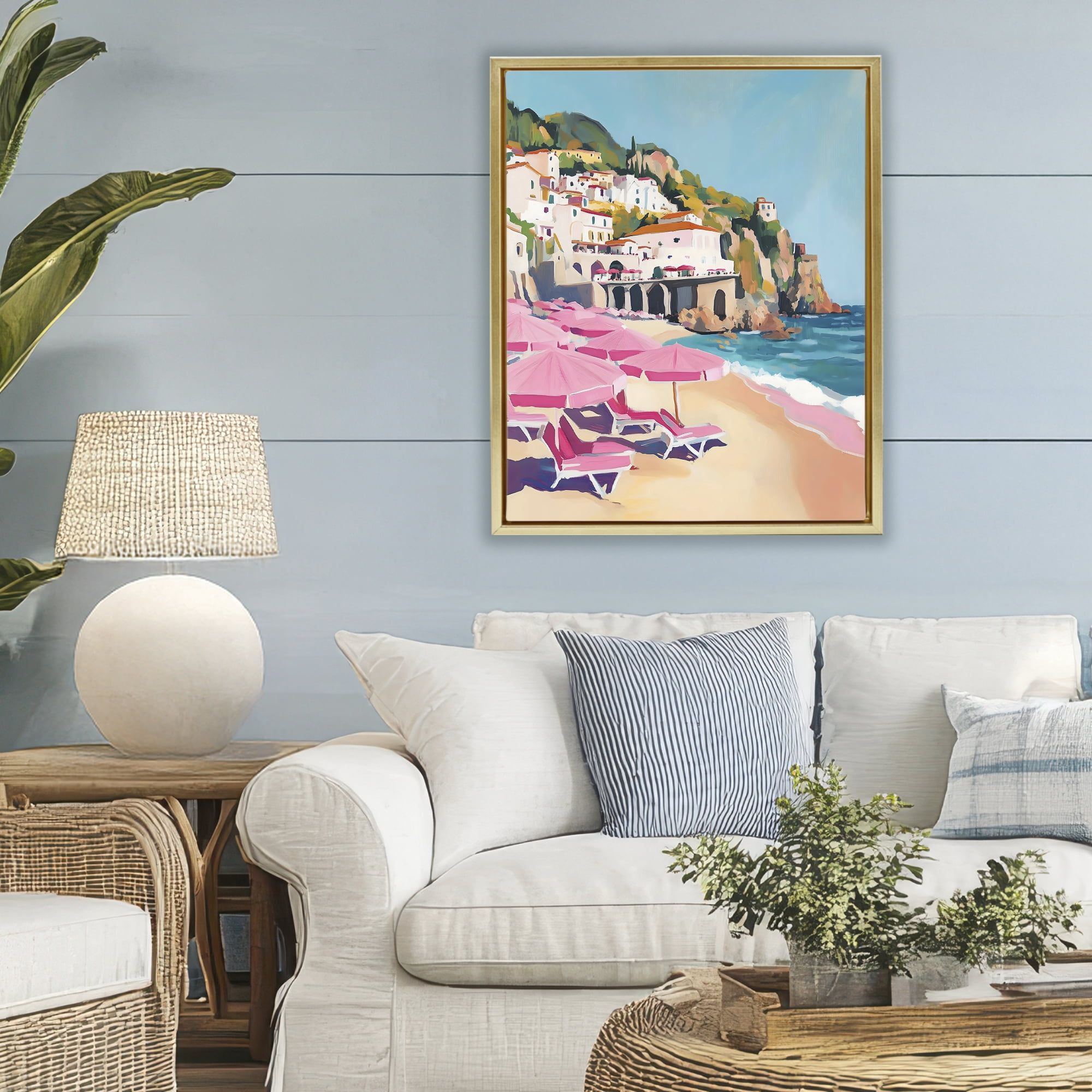 Stupell Industries Pink Beach Chairs on Shoreline Gold Framed Floater Canvas Wall Art, design by The Prints Vibe
