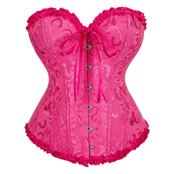 WZXFASHION Women'S Sexy Corset Top Bustier Plus Size Women'S Overbust Satin Floral Trim Women Bustier Corset Top Shapers Hot Pink S