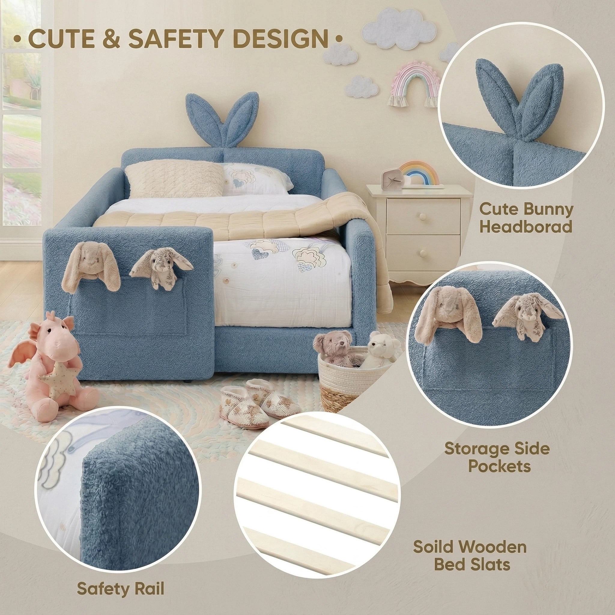AISWORD Twin Size Kids Bed, Rabbit Ear Headboard, Upholstered Daybed with Slat Support & Side Pockets, Space-Saving Wooden Corner Sofa Bed, Blue