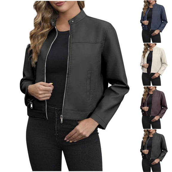 Lovzfmll Fall Jackets for Women, Pockets Button Down Moto Leather Zip Up Trucker Short Leather Jacket Casual Women Fall Clothes Outerwear