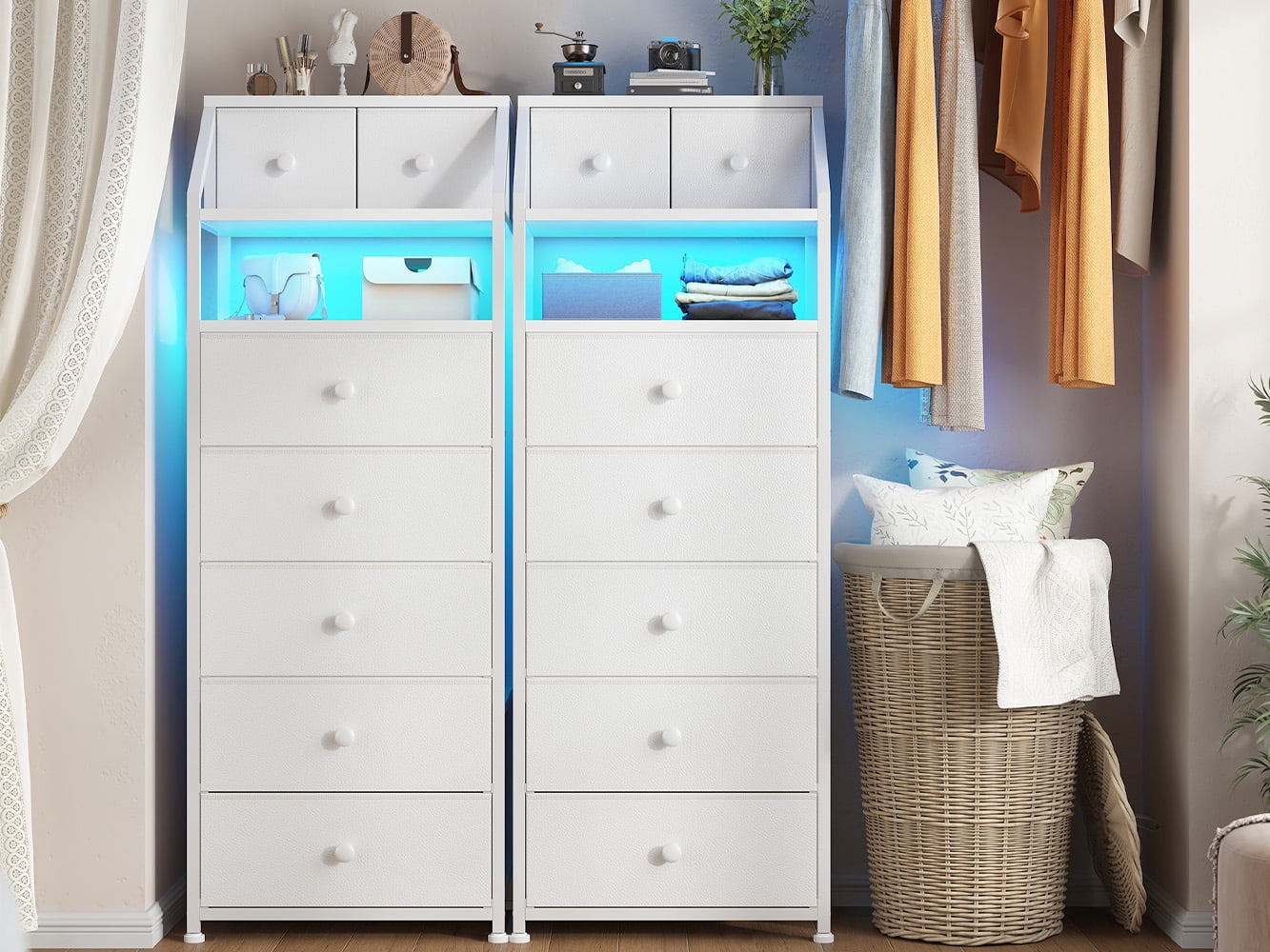 White Tall Dresser for Bedroom Dresser with LED Lights Tall Fabric Dresser with Open Wood Shelf,Tall Dresser of Metal Frame
