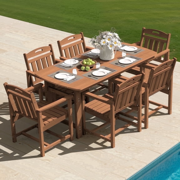 Harbweb 7pc HDPE Outdoor Dining Set, All-Weather Wood Grain Patio Furniture, Teak
