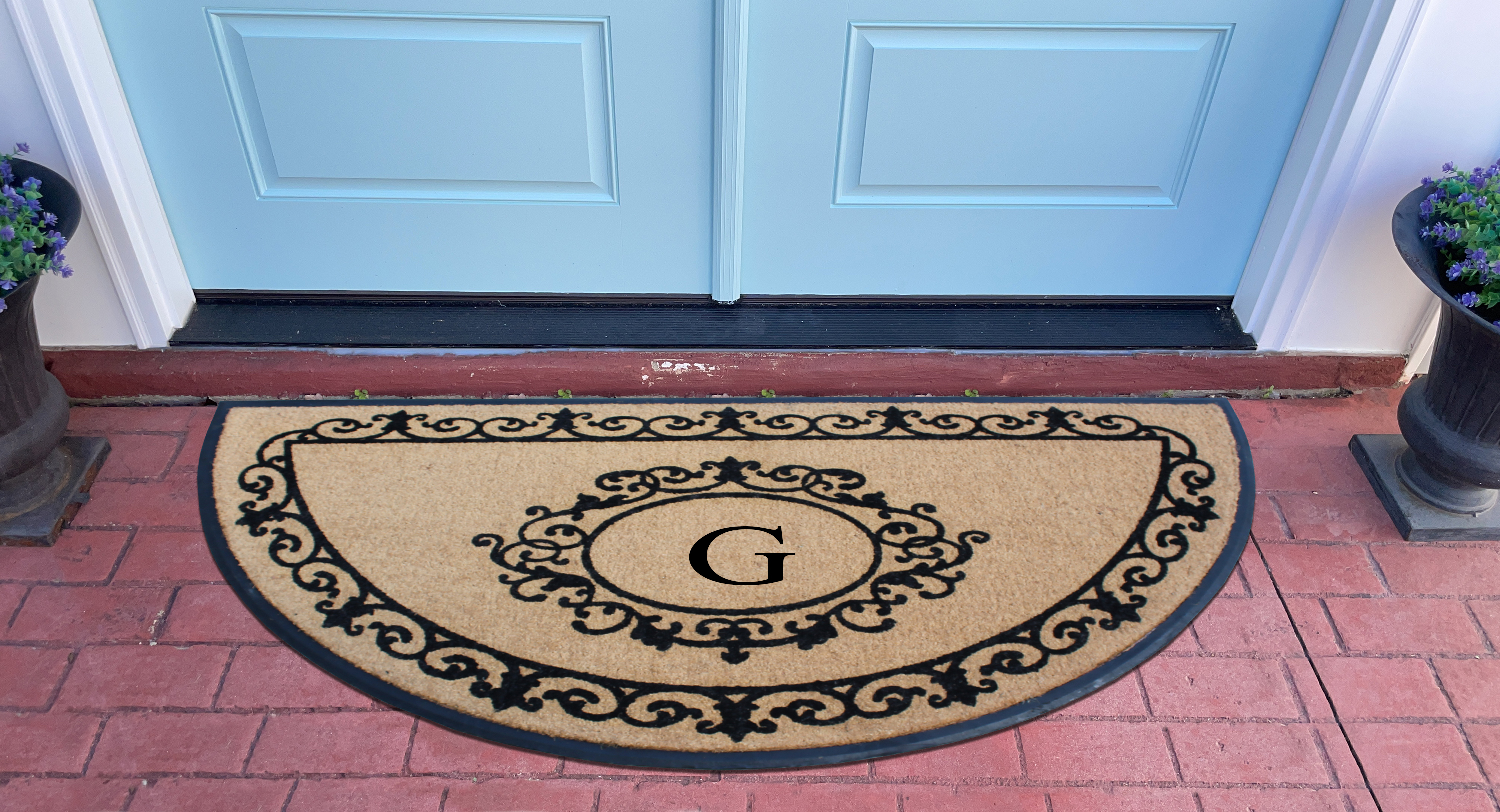 A1HC Heavy-Duty Semi-Circular Coir and Rubber Doormat, 36"x72" Hand-Flocked Monogrammed Front Porch Entrance Rug with Floral Design