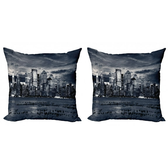Ambesonne City Throw Pillow Cover 2 Pack, Dramatic View NYC Skyline, 18", Blegrey Black White