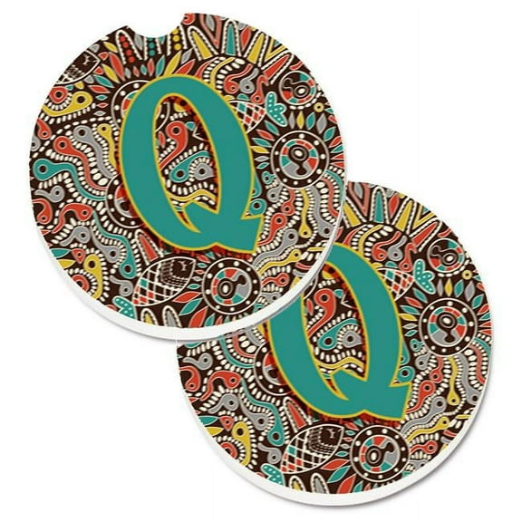 Letter Q Retro Tribal Alphabet Initial Set of 2 Cup Holder Car Coaster