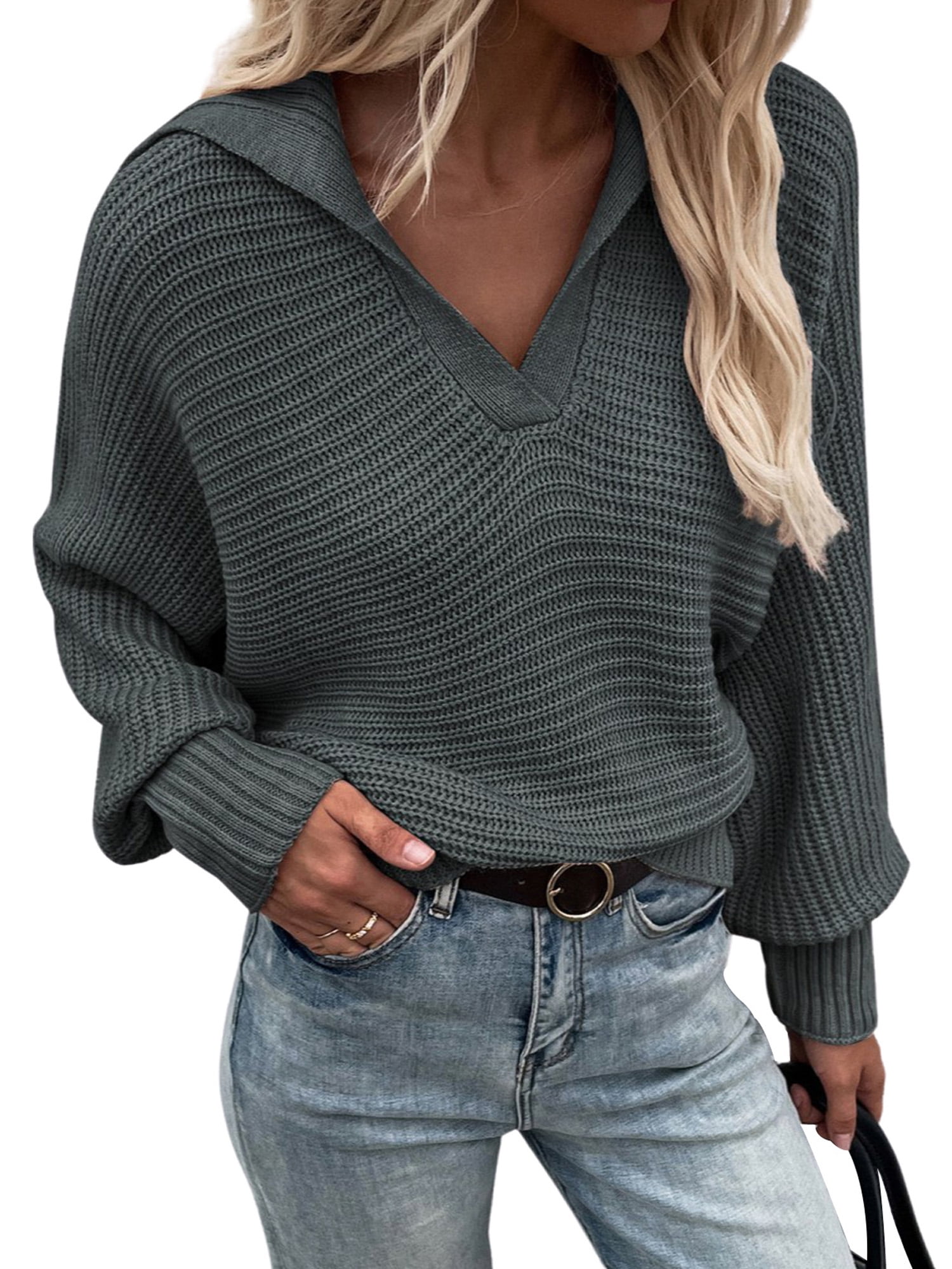 Women's Loose Knitted Pullover Jumper Sweater V Neck Long Sleeve Knitwear Tops 
