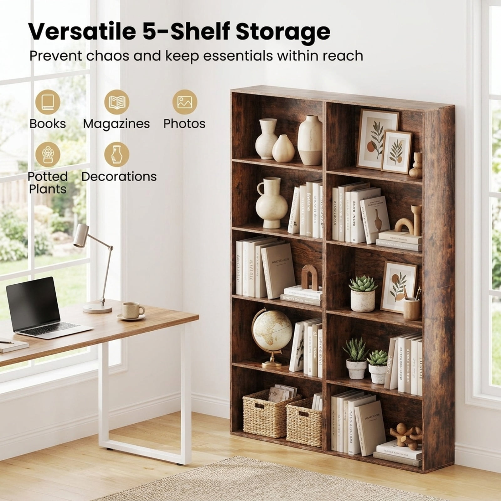 Furnibear 5-Tier Bookshelf Open Bookcase Freestanding Display Shelf Storage Organizer for Living Room Home Office Bedroom Display, Rustic Brown