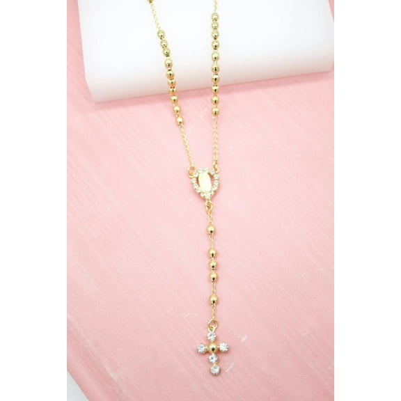 Catholic Gold Bead Rosary with CZ Crucifix  Virgin Mary Charm (G201A) (H112A)