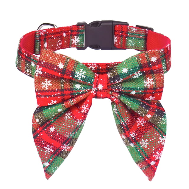 Tignapoo Festive Christmas Dog Collar with Removable Bowtie - Red Plaid Design, Soft Cotton, Adjustable Sizes for Large Dogs, Safe Buckle & D-Ring for Leash Attachment