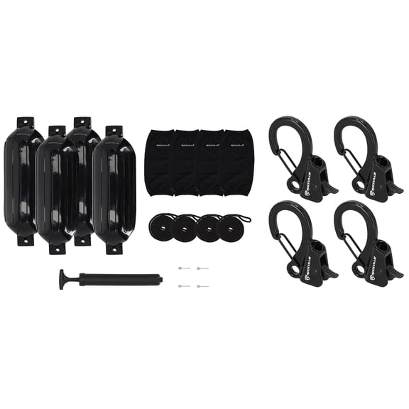 Rockville FEN410-BLACK Bundle: (4) 10 x 30 Inch Boat Fenders with Covers and Lines, RQA-4 Quick Release Fender Clips, Marine Dock Kit, 21-items
