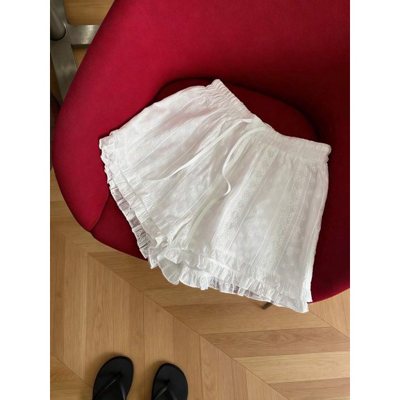 Women Ruffled Lace Layered Tie‑Up Casual Shorts, Elegant Versatile Summer Bottoms