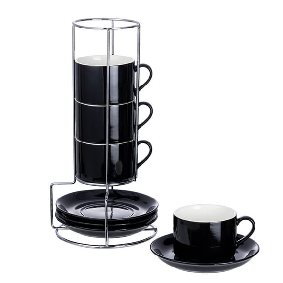 FAHZON Espresso Cups Set of 4, Black Ceramic Coffee Cups with Saucers and Metal Storage Rack, 3oz Stackable Demitasse Cups for Home, Office, and Coffee Bar, Elegant European Style Drinkware