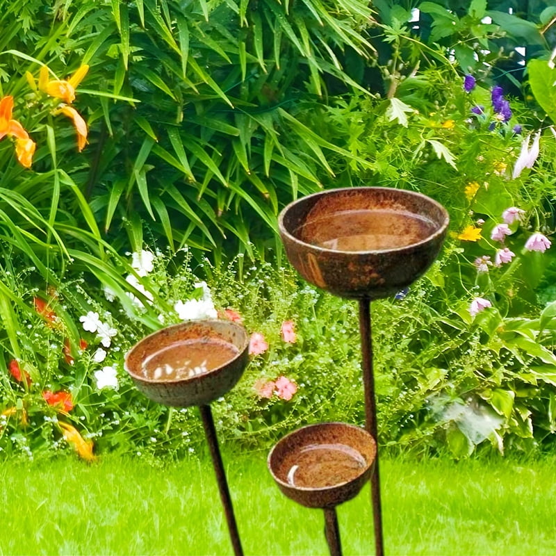 Rain Collectors, Rusty Bird Feeder Set Of 3 For Outdoor Garden Decoration, Insect Watering Station
