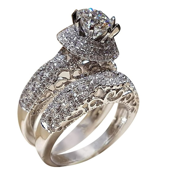yievot 2pcs Rings Crystal Woman Big Zircon Stone Ring Silver Bridal Engagement Ring silver Size 8