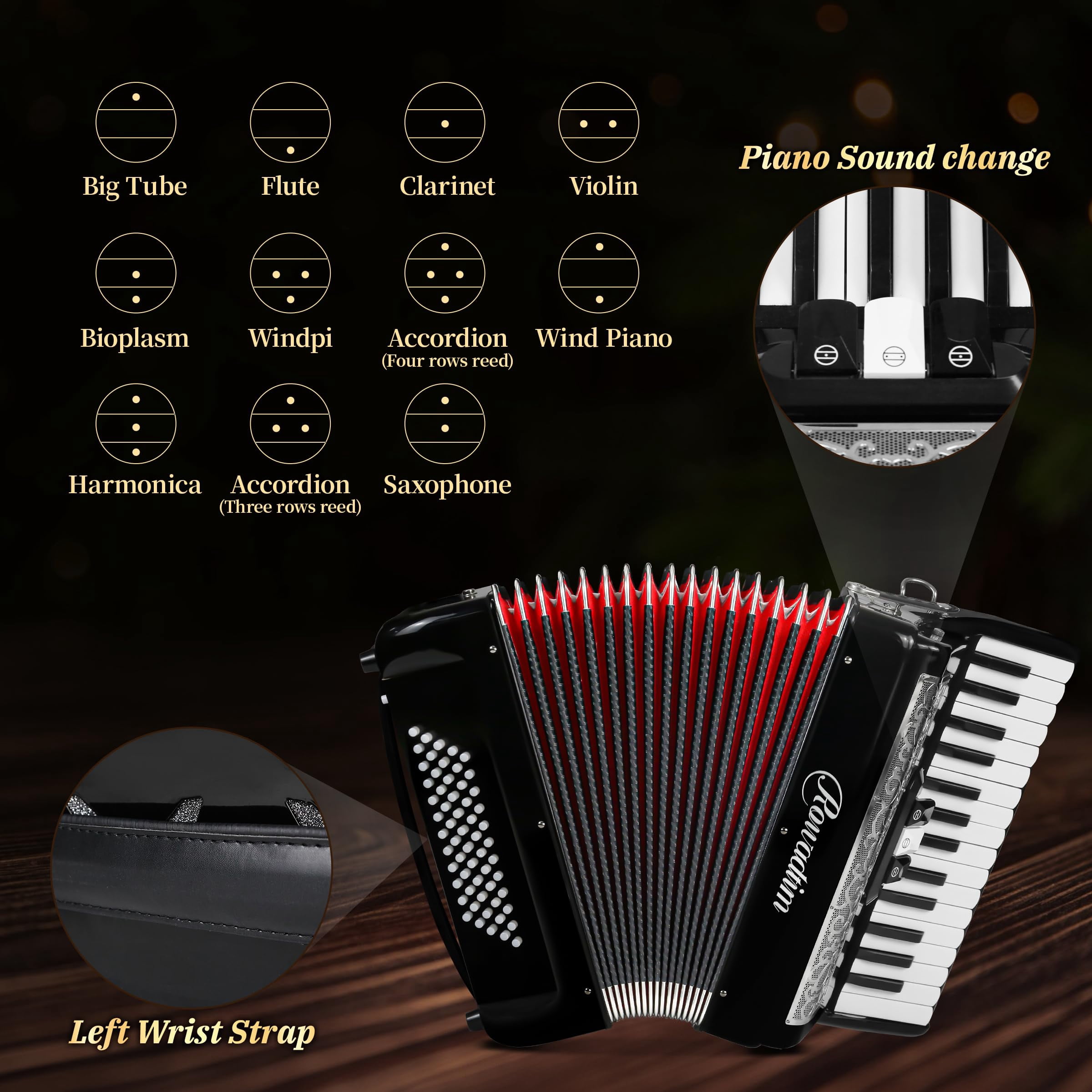 Rowadtim 30 Key 60 Bass Accordion, Beginner & Adult Professional Instrument, Portable with Backpack & Strap, Ideal for Practice, Performances, Black
