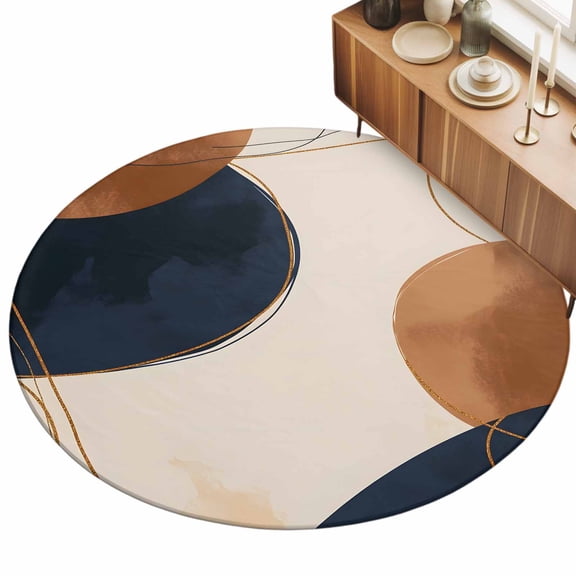 Modern Mid Century Area Rug, Color Block Non-Slip Felt Rubber Backing Round Indoor Carpet Washable Rugs for Living Room Bedroom 7ft