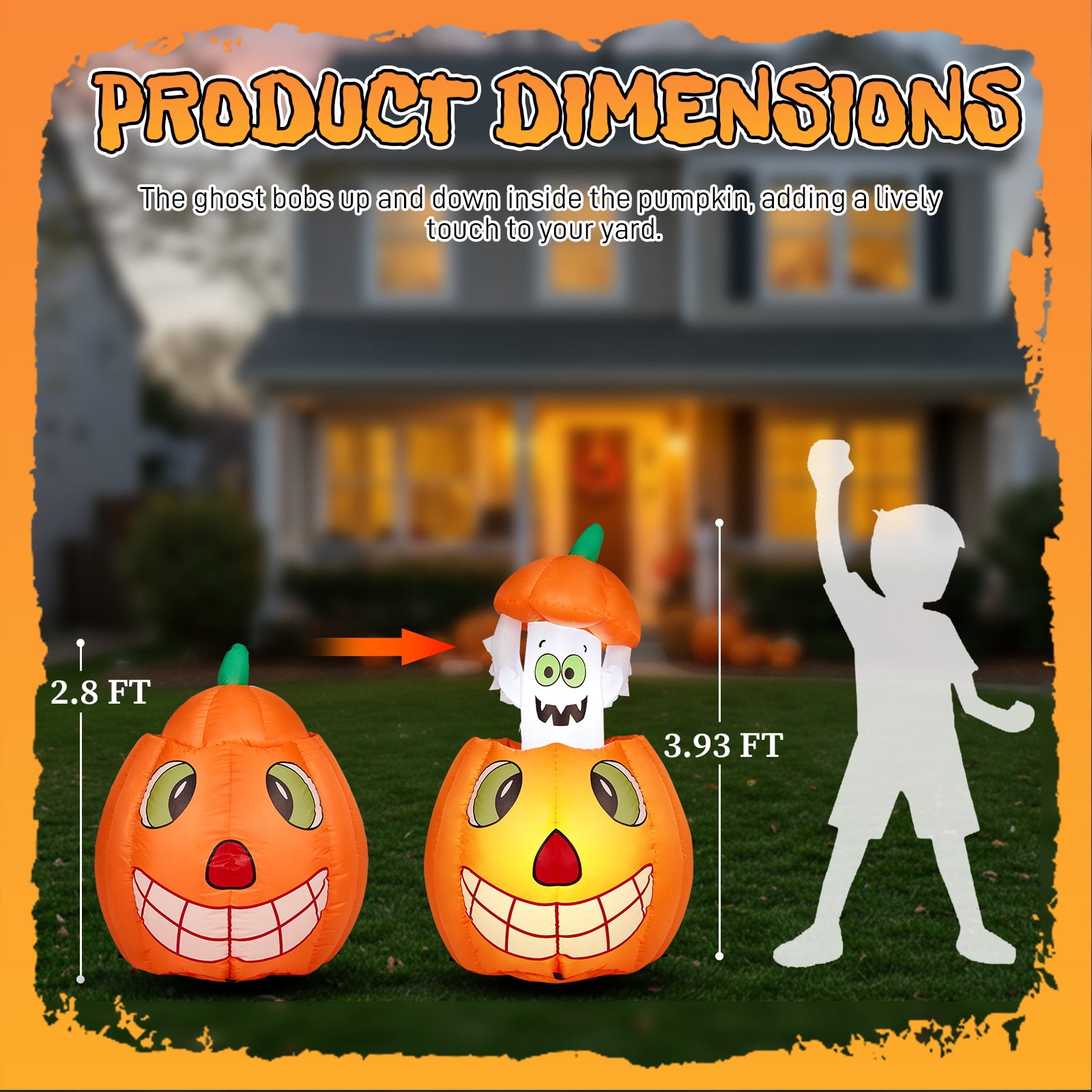 Astoutdoor 2.8 ft Halloween Inflatable Animated Pumpkin Ghost with Built-in White LEDs, Polyester Outdoor Decoration