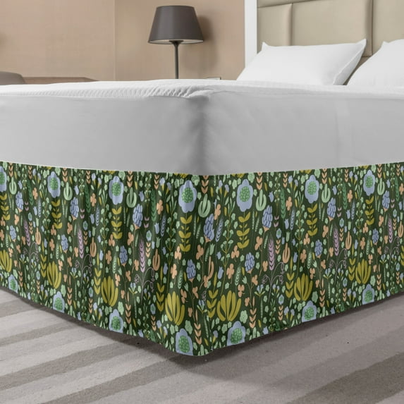 Floral Bed Skirt, Colorful Flower Assortment Spring Beauty, Elastic Bedskirt Dust Ruffle Wrap Around for Bedding Decor, 4 Sizes, Reseda Green Multicolor, by Ambesonne