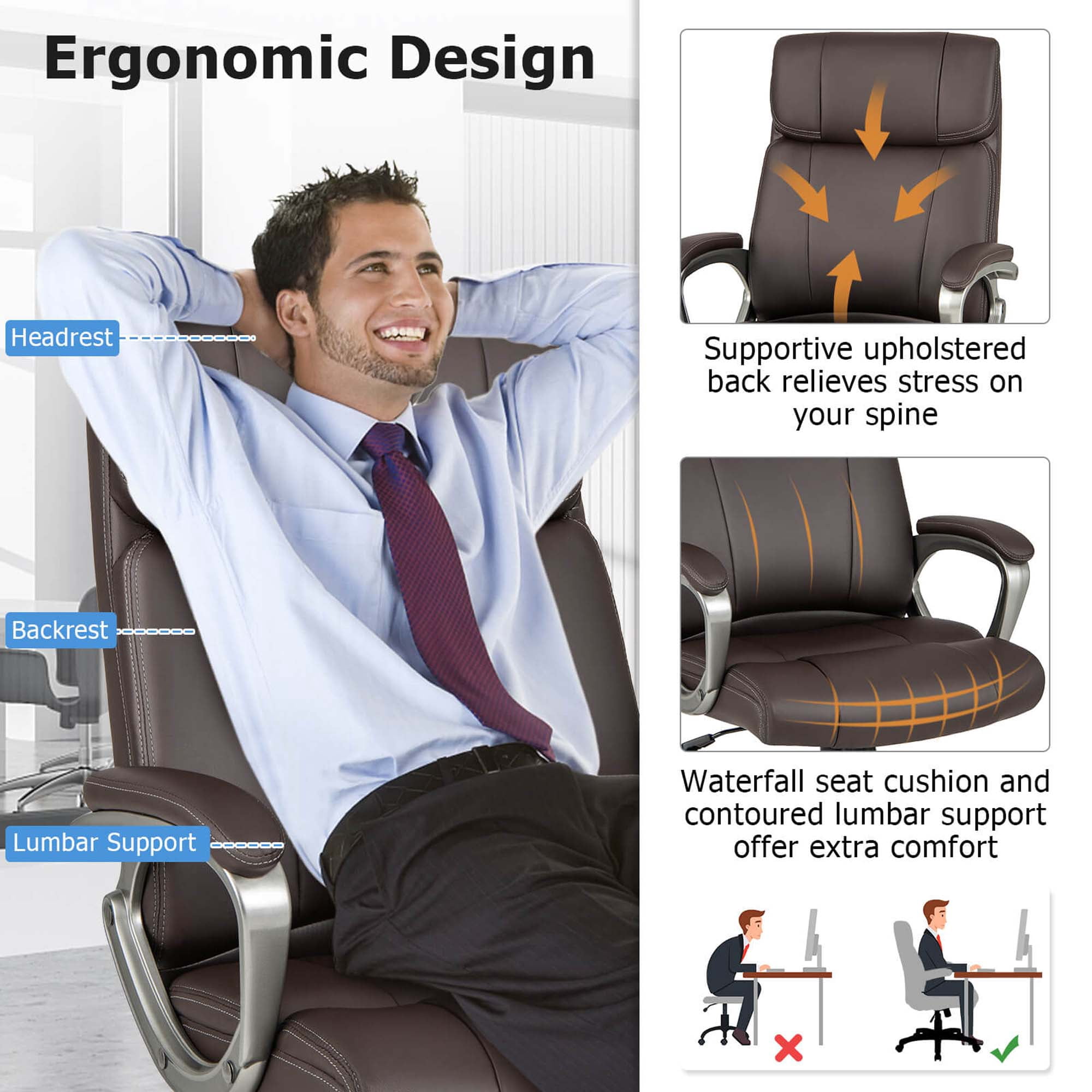 Costway Ergonomic Office Chair PU Leather Executive Swivel with Upholstered Armrests Brown