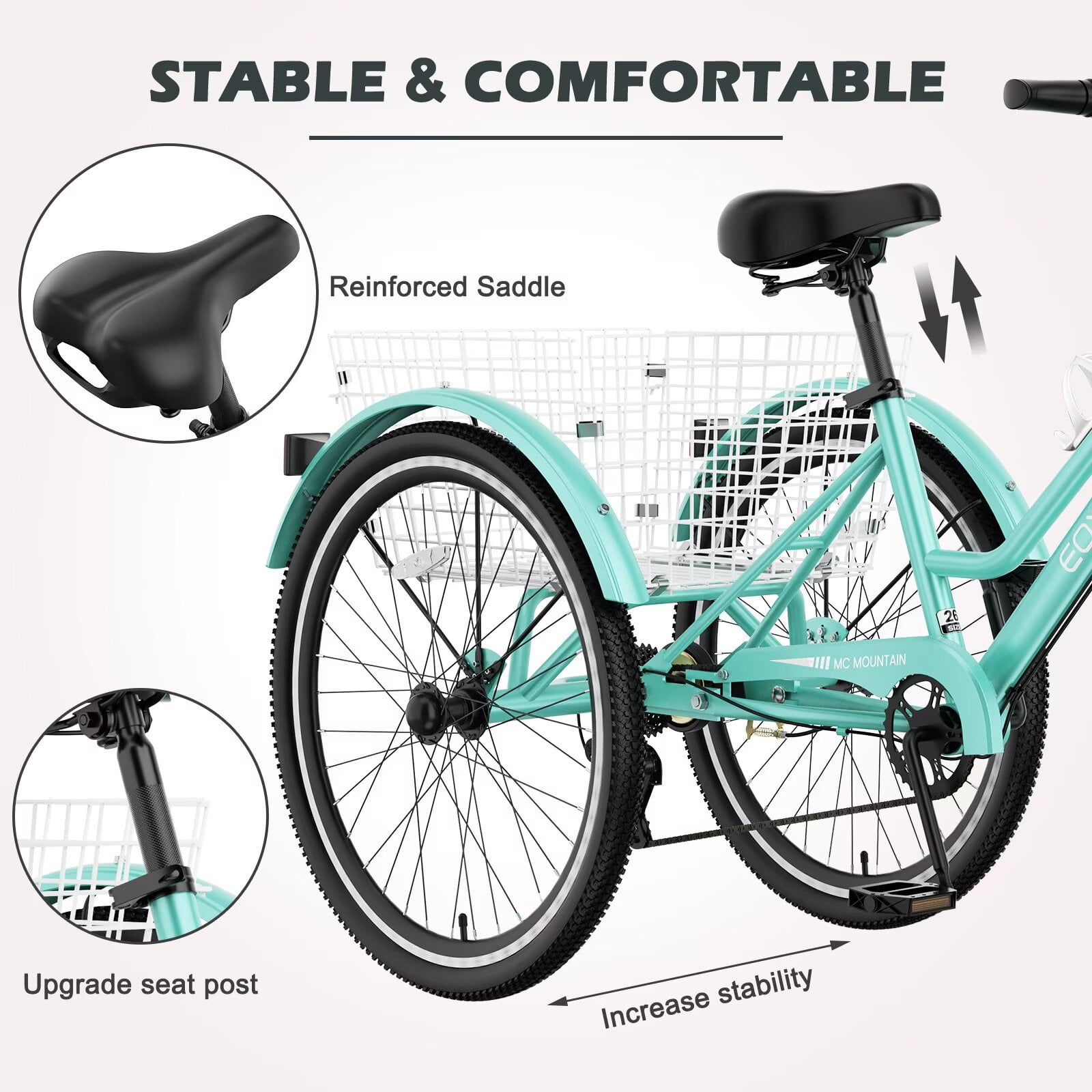 Lilypelle Mountain Tricycle for Adults, MTB 7 Speed Three Wheel Bike, 24/26/27.5 Inch Adults Trikes w/ Disc Brake & Cargo Basket for Women, Men, Seniors