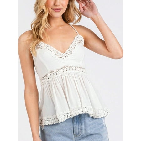 MOYIRO Womens Casual Boho Chic Lace Trim Empire Waist Flowy Top White Sleeveless V Neck Loose Fit Babydoll Peplum