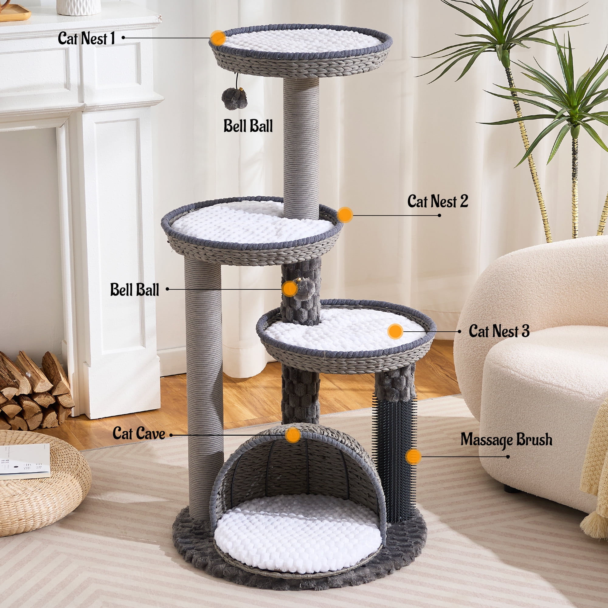HITTITE Modern Cat Tree Tower with Scratching Post, 46 Inches Tall Cat Towers with Woven Cat Nests and Cave, Removable Cushions and Massage Brush for Indoor Cats Large Adult.