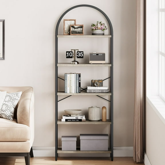 Bookshelf Tall Bookcase Arched Standing Bookshelves Modern Display Racks 5 Tier Storage Rack Shelf Large Wood Book Shelf for Bedroom, Living Room, Home Office