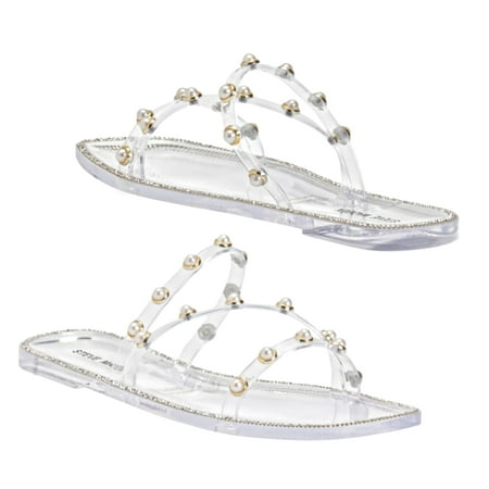 

Steve Madden Women s Studded Pearl Embellished Slide-On Flat Sandals
